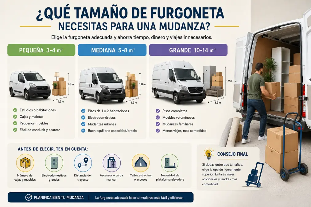 Guía visual para elegir el tamaño de furgoneta adecuado para una mudanza según capacidad y tipo de carga