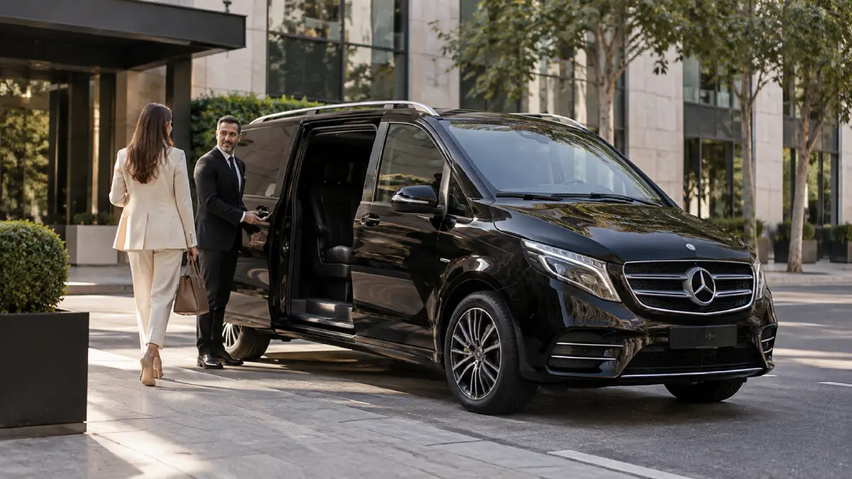 Mercedes Clase V negra preparada para un traslado privado y ejecutivo en Madrid