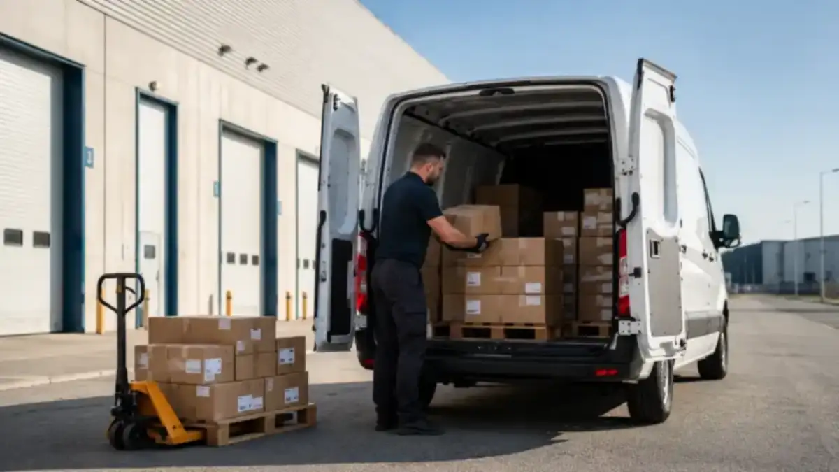 Empleado cargando una furgoneta de alquiler con palets pequeños o cajas profesionales